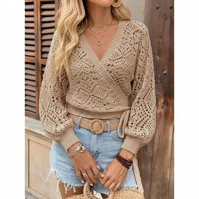 Solid Color V-Neck Crisscross Wrap Twist Front Long Sleeve Cardigan by Pariaura