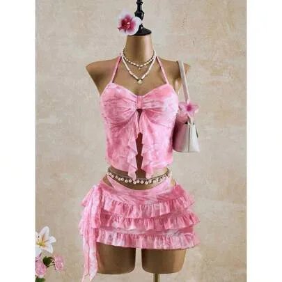 Bellisia Tie-Dye Ruffle Halter Bikini Set with Cover-Up and Skirt by SHEIN