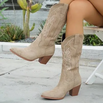 V-Cut Pointed Toe Chunky Heel Embroidered Western Cowboy Boots by SHEIN