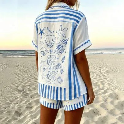 Seashell & Starfish Print Button Shirt & Shorts Set by SHEIN