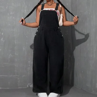 Broad Strap Button Pocket Simple Casual Denim Jumpsuit by SHEIN