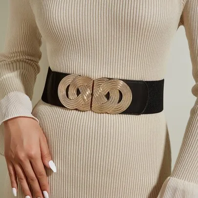 Metal Textured Symmetrical Buckle Elastic Cinch Buckle Wide Belt Girdle Stretch Waistband by SHEIN
