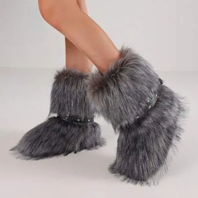 Furry Fluffy Ankle Boots Y2K Faux Fur Snow Boots Pull on Flat with Wrap Buckle Straps by SHEIN