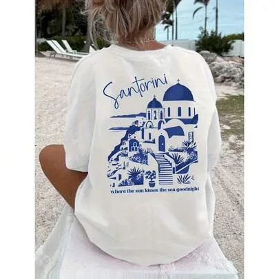 Santorini & Greece Vacation Print Round Neck T-Shirt by SHEIN