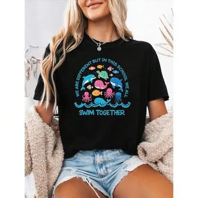 English Ocean Unity Theme Printed Crew Neck T-Shirt Sea Creature Cartoon Pattern by SHEIN