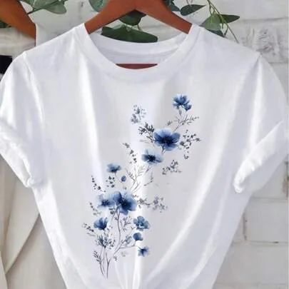Blue Floral Print Short Sleeve Round Neck Knitted Top Slight Stretch Fabric