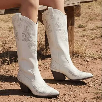 Pointed Toe Embroidered Thick Heel Cowboy Boots by SHEIN