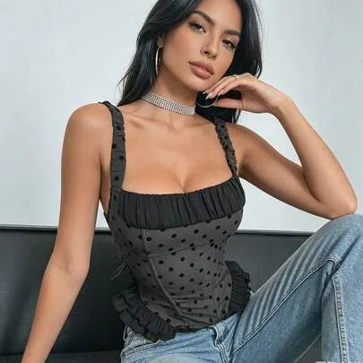 Polka Dot Corset Top Square Neck Corset Tank Top with Ruffled Straps and Hem Boned Bustier with Flocked Dot Pattern by SHEIN