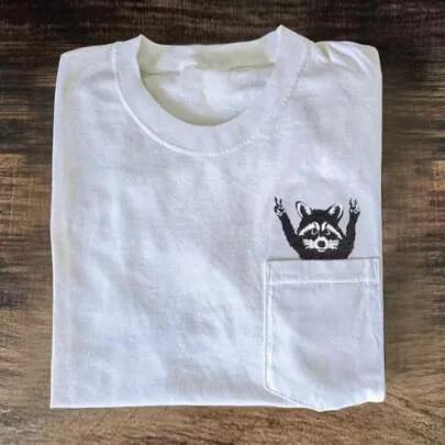 Embroidered Raccoon Pocket T-Shirt Funny Animal Graphic Tee by INAWLY