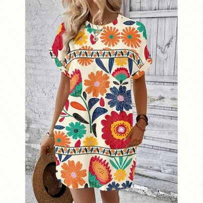 Vacation Casual Floral All-Over Print Batwing Sleeve Dress by INAWLY
