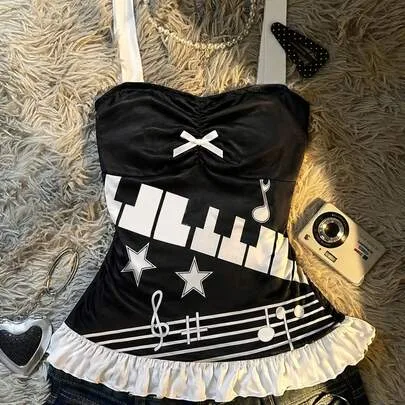 Fairytale-Inspired Y2K Casual Slim-Fit Crop Top Sheet Music and Musical Note Print Bow by IslaSuriya