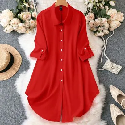 Solid Color Lapel Button Half Sleeve Dress by DreamSkyne