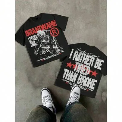 Halloween Hip-Hop Skull-Themed Motivational T-Shirt Distressed Hustle Graphic Tee "Rather Be Tired Than Broke" & Sketched Figure by SHEIN