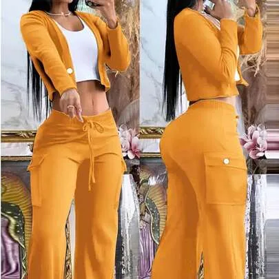 Geometric Print Long Sleeve Crop Top & Cargo Pants Set Button-Up Top Pants with Drawstring Waist by SHEIN