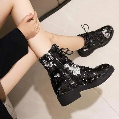 Lace Up Ankle Boots Sequin Combat Boots Platform Chunky Heel Round Toe Side Zipper Block Heels Sparkly Glitter Booties by SHEIN