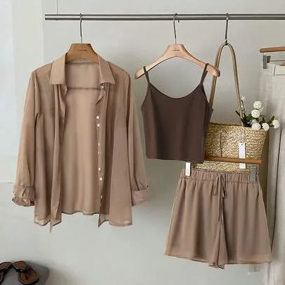 Woven Solid Color Regular Sunscreen Shirt Knit Camisole and Loose Opaque Shorts 3-In-1 Casual Elegant 2-Piece Set by GlowEve