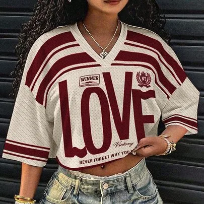 Casual Colorblock Striped Slogan Print Cropped T-Shirt by Slaydiva