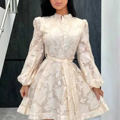 Elegant Sweet Jacquard Texture Stand Collar Cinched Waist Big A-Line Front Button Puff Lantern Sleeve Short Dress by Vassilux