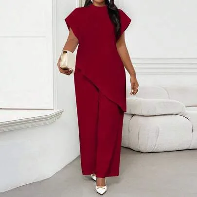 Solid Metallic Round Neck Loose Asymmetric Hem Elegant Blouse by SHEIN