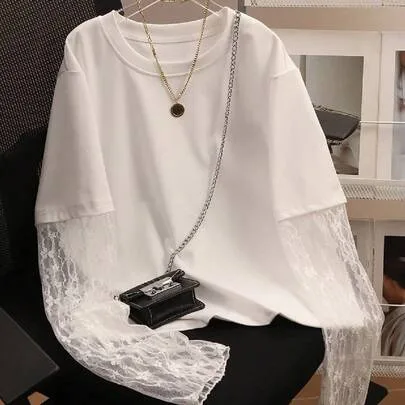 Solid Color Lace Patchwork Round Neck Side Split T-Shirt by INAWLY