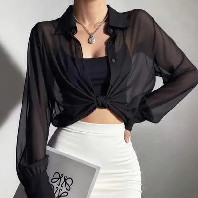 ELVA Solid Color Sheer Long Sleeve Collared Blouse Minimalist Regular Fit Non-Stretch Semi-See-Through Shirt by Buzzelle