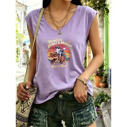 Princess Donut and Mongo Ride or Roar V-Neck Cotton Tank Top Retro Cartoon Print by SHEIN