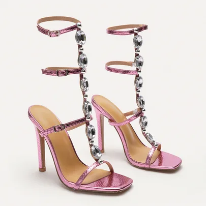 Silver Strap High Heel Sandals Rhinestone Decor Square Toe by TuEzra