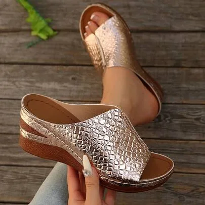 Slant-Heel Sandals Thick Breathable Comfortable One-Piece Fish Mouth Slide Shoes by SHEIN