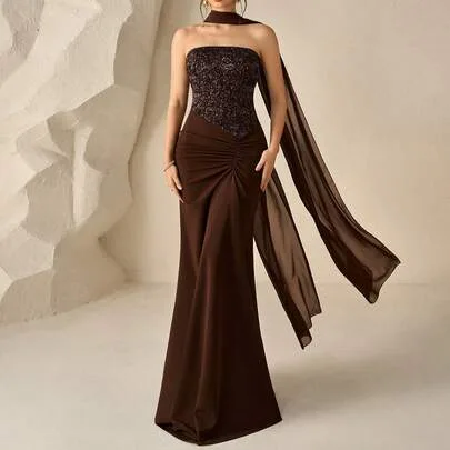 Fine Glitter Sequin Pleated Mermaid Hem Draped Formal Evening Gown Dress by Coutiva