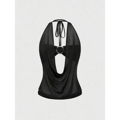 Y2K Retro Deep Draped Neck Backless Strapless Tank Top (includes Tube Top Lining) by SHEIN