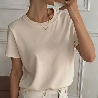 Solid Color Round Neck Short Sleeve T-Shirt by DAZY