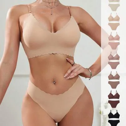 14pcs Comfortable Seamless Lingerie Set with Wavy Hem by SHEIN