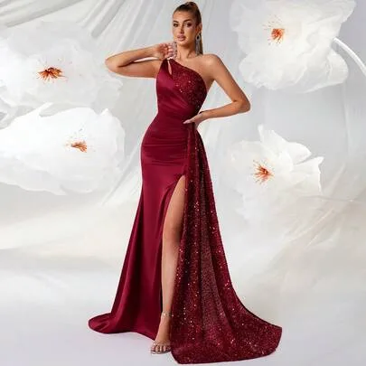 Sequin Patchwork High Waist Dress with Side Slit Open Back and Tie Strap by Elisanya