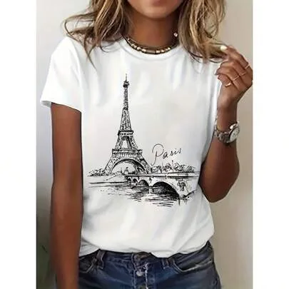 France Travel Aesthetic Short Sleeve Top with Iconic Landmark Print Crew Neck Casual Blouse by SHEIN