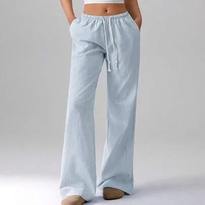 Cotton Drawstring Waist Straight Leg Pants by Flirla