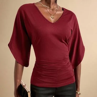 Solid Color Cinched Waist Batwing Sleeve V-Neck Short Sleeve T-Shirt by Vesra