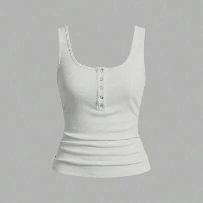 Ribbed Cami Tank Top with Deep U-Neck and Racerback Henley Buttons by Slaydiva