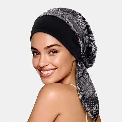 Elastic Wide Brim Ribbon Sleep Cap Headscarf Hat Hair Protection Cap by SHEIN