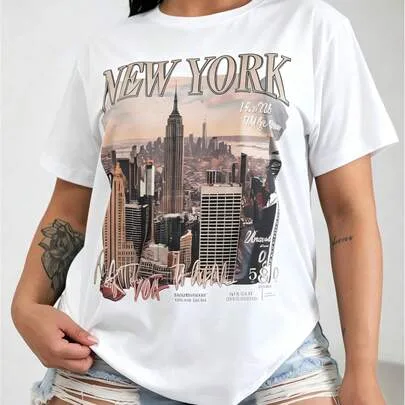 Patterned T-Shirt with New York City Skyline Print by SHEIN