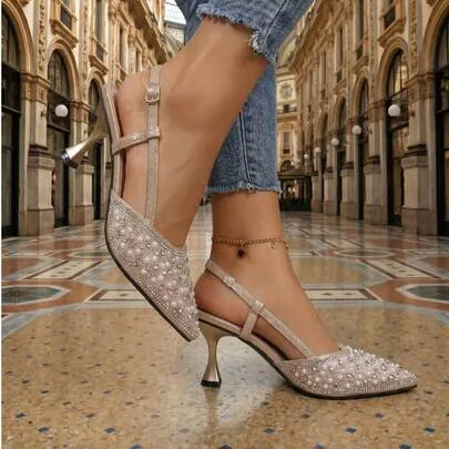 Minimalist Pointed Toe Mule Heels Rhinestone & Pearl Embellished Slip-On Evening Sandals