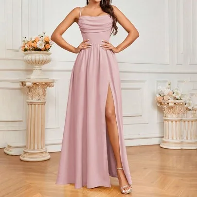 Front Collar Pocket Design Back See-Through with Tie Back Detail A-Line Dress with High Slit Bridesmaid Dress by SHEIN