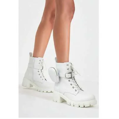 Faux Leather Combat Ankle Boots Chunky Lug Sole Lace-Up Booties with Zippered Side Pouch Buckle Strap Platform Heel by SHEIN