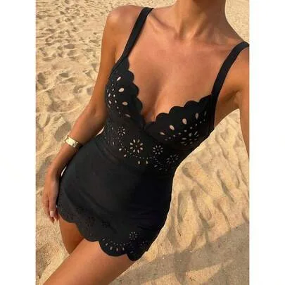 Swim Oasis Solid Color Hollow-Cut Spaghetti Strap One-Piece Hollow Petal Hem Skirt Set by SHEIN