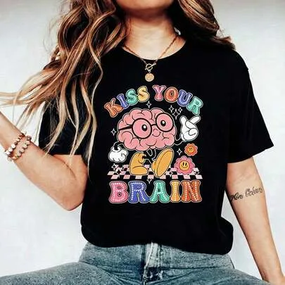SPED Teacher Shirt Kiss Your Brain Mental Health Special Education Motivational 100% Cotton Short Sleeve T-Shirt by SHEIN
