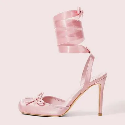 Bow Decoration Square Toe Ballet Shoes Stiletto High Heels