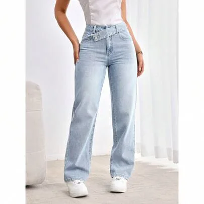 Asymmetric Waistband Pockets Straight Leg Loose Casual Denim Jeans by SHEIN