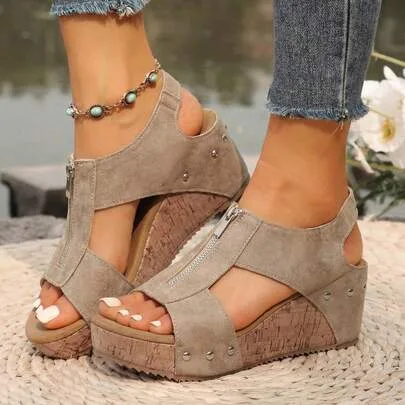 Retro Wedge Heel Sandals with Zipper Platform by SHEIN