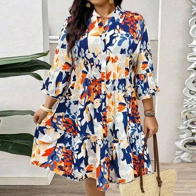 Floral Print Casual Half Sleeve Button Front Collared Ruffle Hem Dress by Breezaya