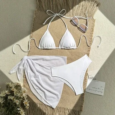 Solid Color Halter Tie-Up Bikini Swimwear Set with Coverup & Skirt, 3Pcs by Swim Vcay