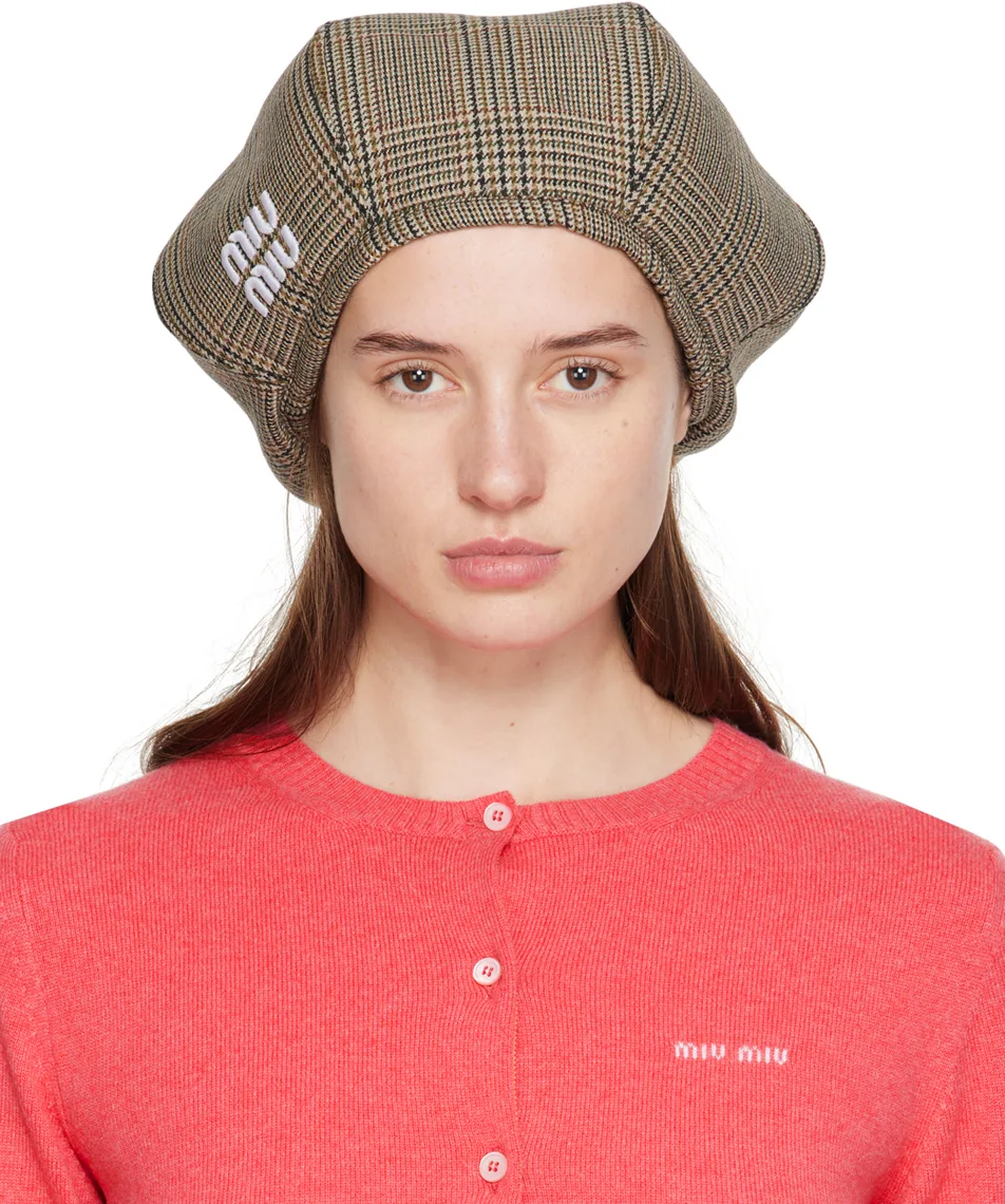 Beige Houndstooth Beret by Miu Miu